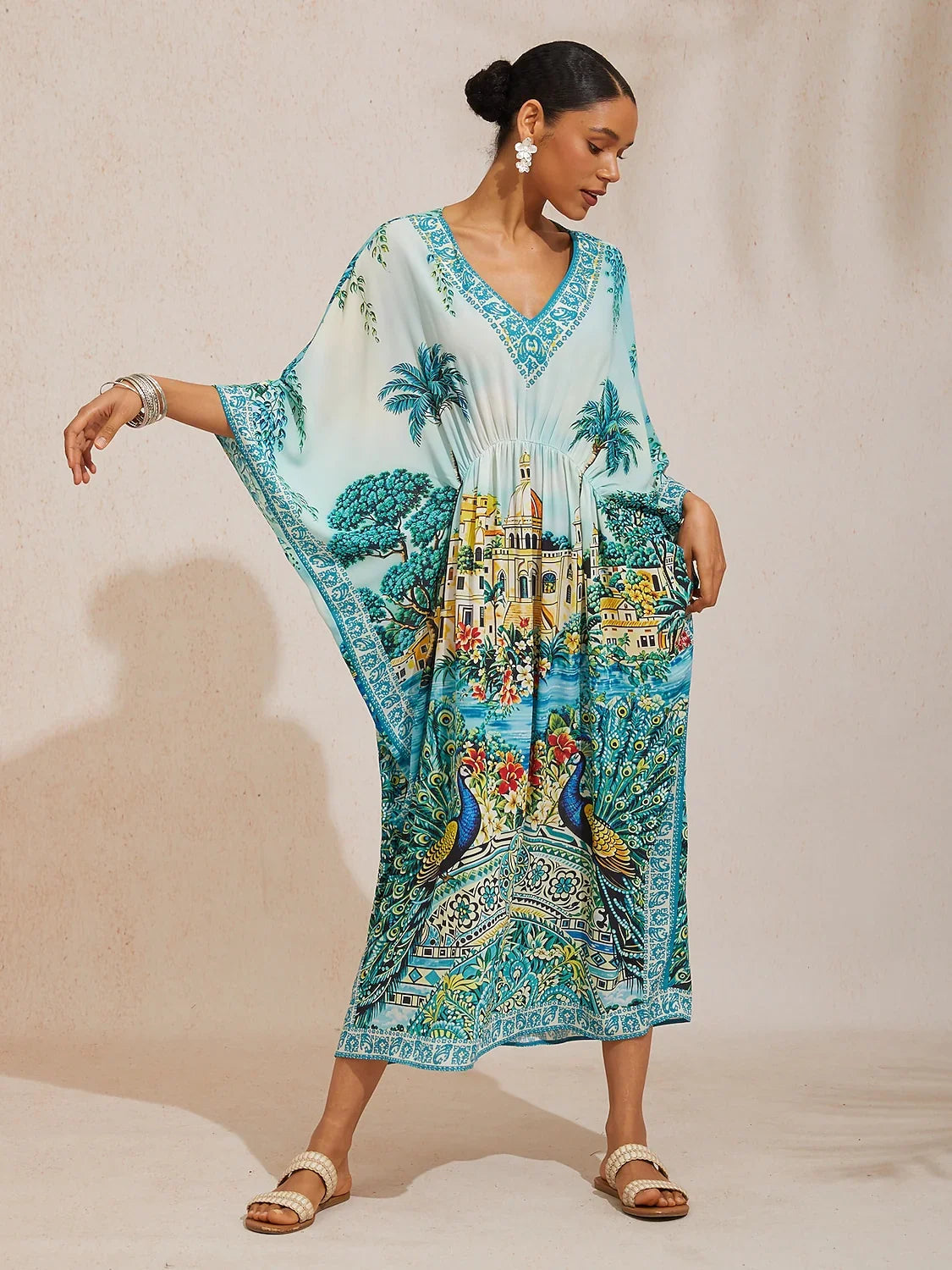 Balearic Islands Blue Flowy Chiffon Dolman Sleeve Kaftan