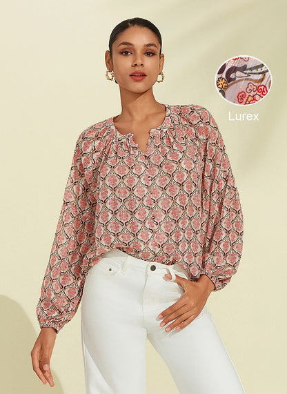 Blusa Casual de Gasa con Mangas Abullonadas Geométricas