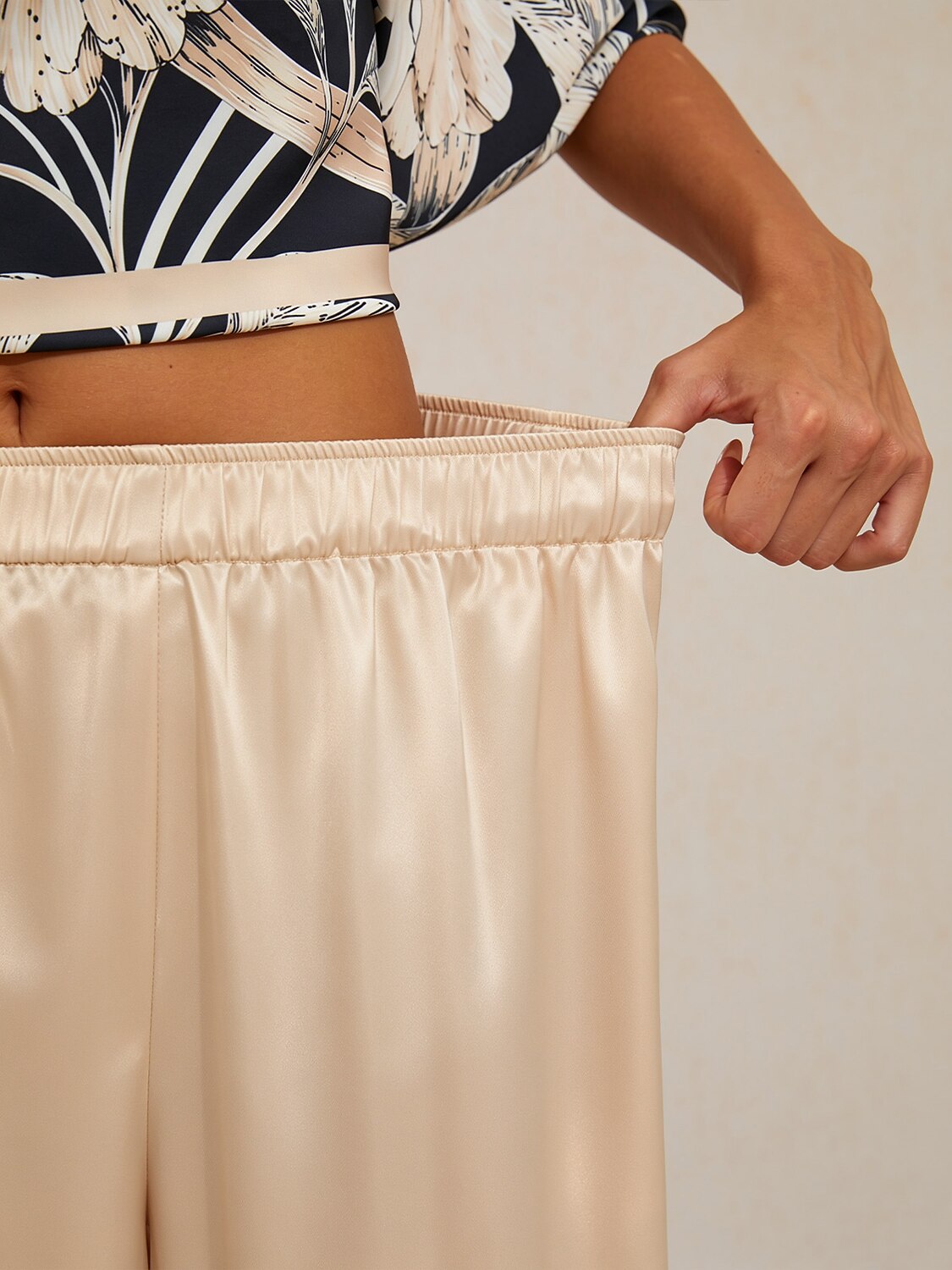 Silky Satin Blue Elastic Waist Wide Leg Pants