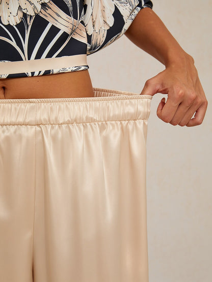 Silky Satin Blue Elastic Waist Wide Leg Pants