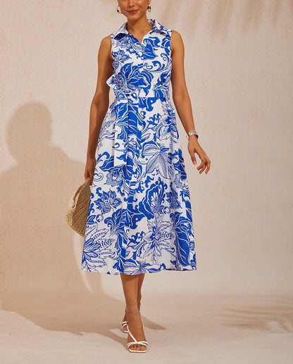 Abstract Floral Effortless Linen-Style Shirt Dress