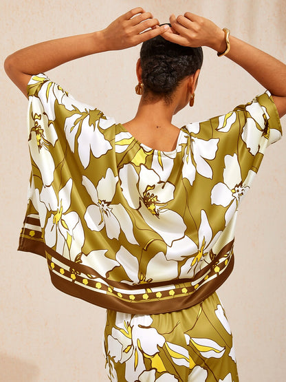 Golden Petal Glow Silky Satin Batwing Top