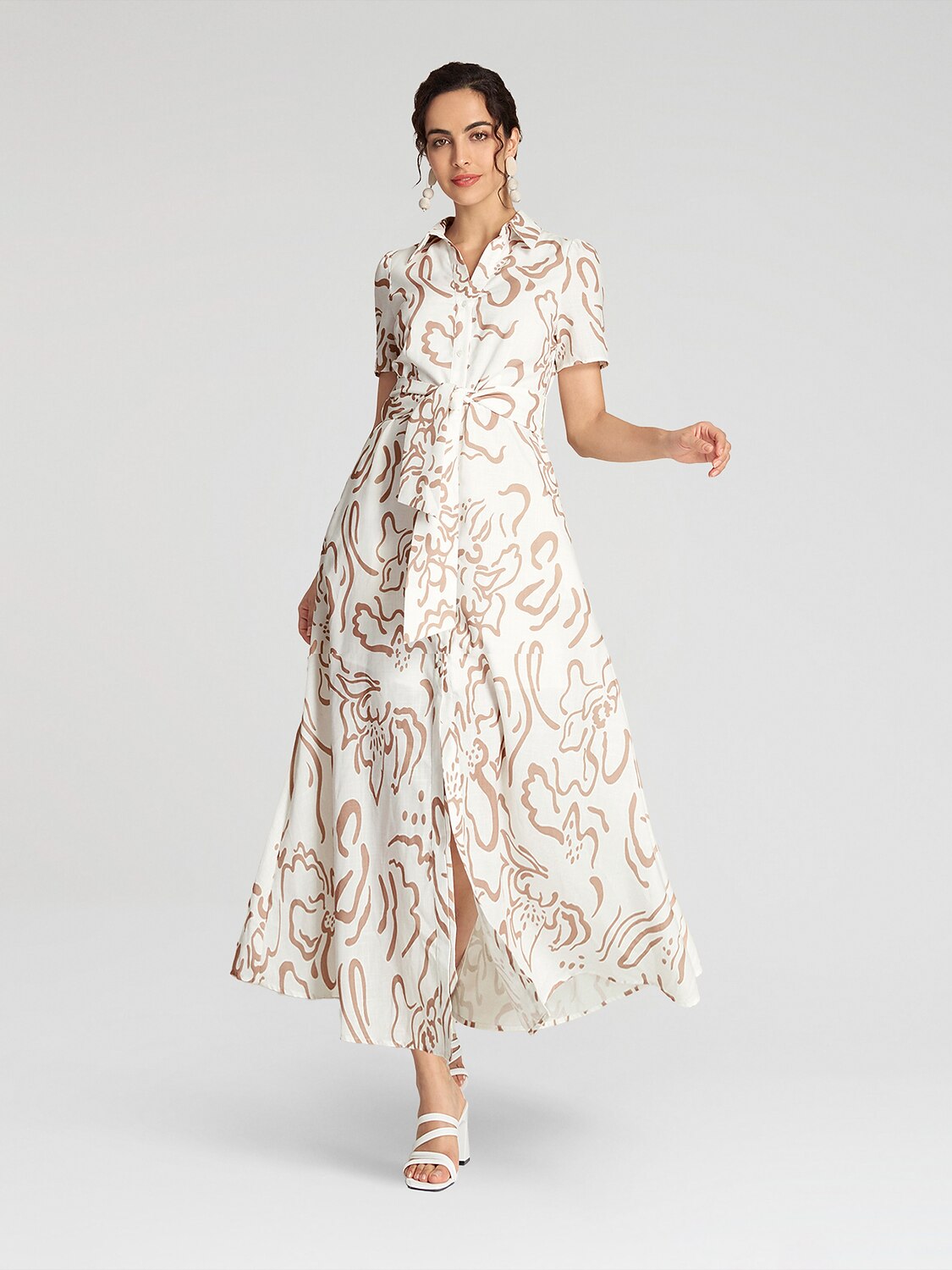 Abstract Floral Linen-Style Classic Shirt Dress