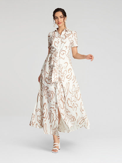 Abstract Floral Linen-Style Classic Shirt Dress