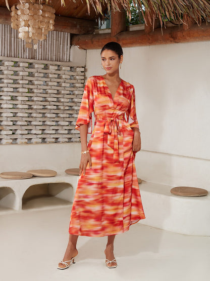 Shading Print V-Neck Maxi Dress