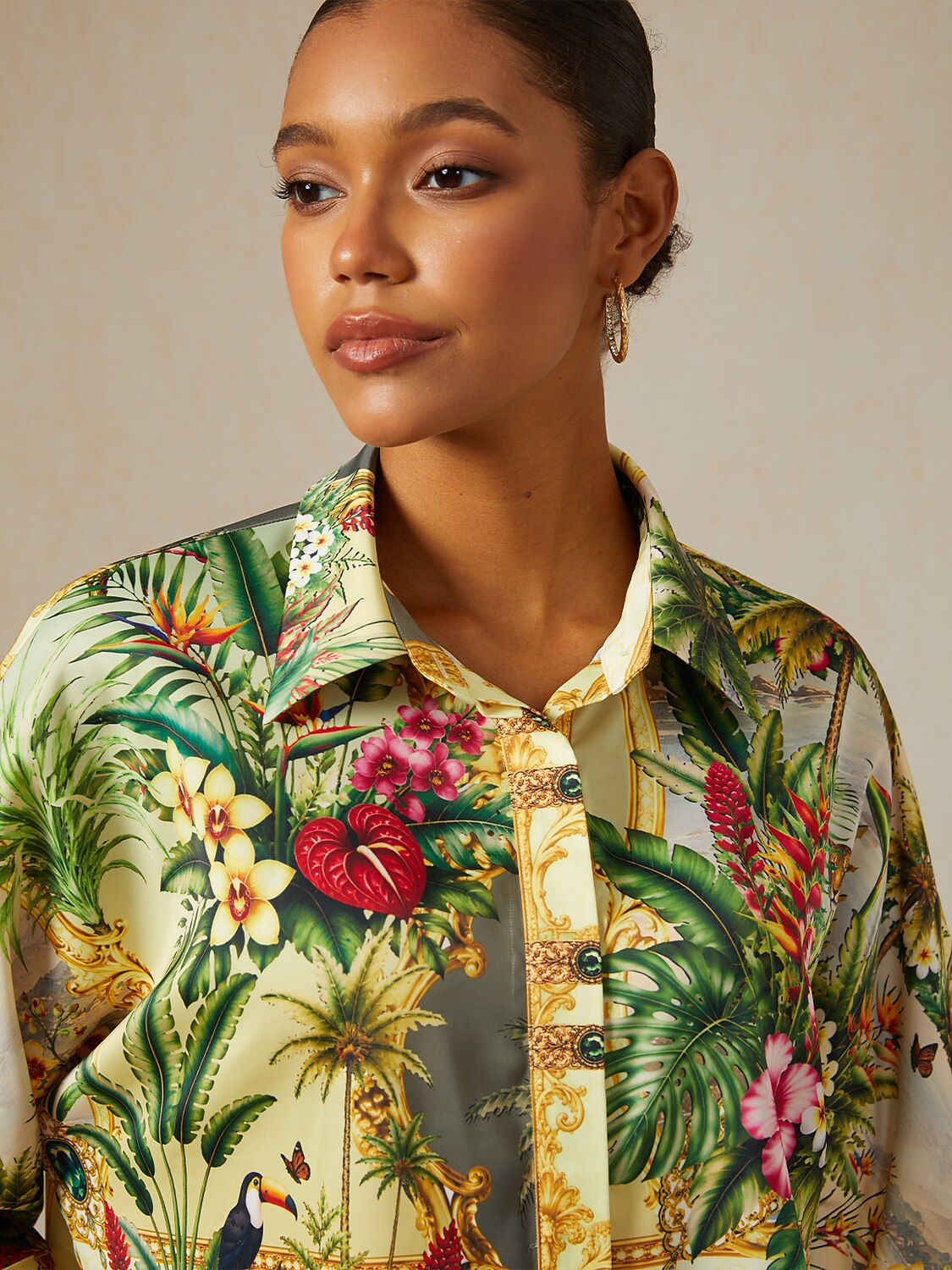 Verdant Garden Muse Silky Satin Oversized Shirt