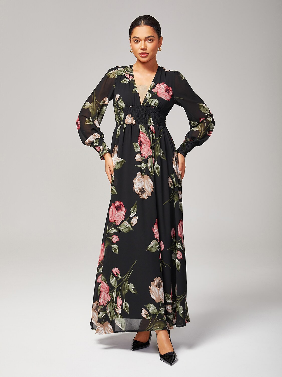 Floral Print Flowy Chiffon Maxi Dress