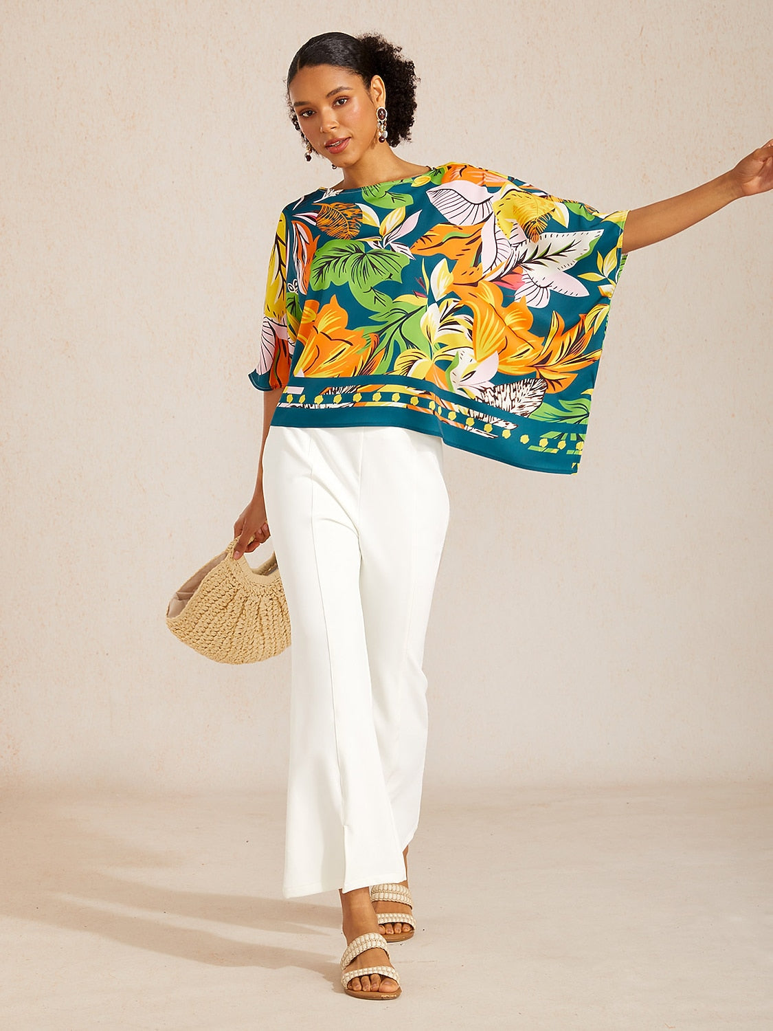 Boho-Paisley-Oberteil aus seidigem Satin mit Dolman-Ärmeln