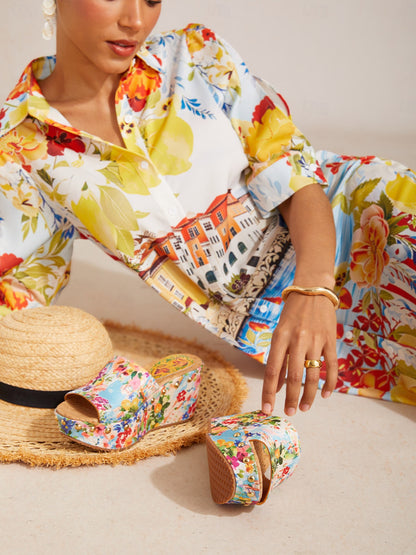 Mule con tacco alto in tela "Holiday Citrus Garden"