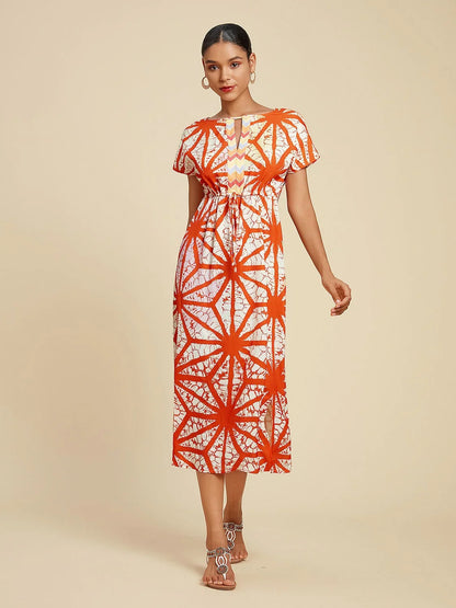 Robe midi en satin style folk à cordon de serrage et fente
