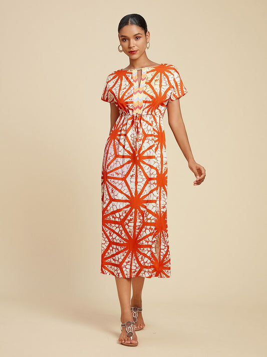 Satin Folk Drawstring Split Midi Dress
