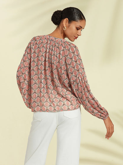 Casual Chiffon Geometric Puff Sleeve Blouse