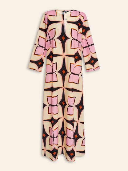 Geometric Print Notched Collar Maxi Dress