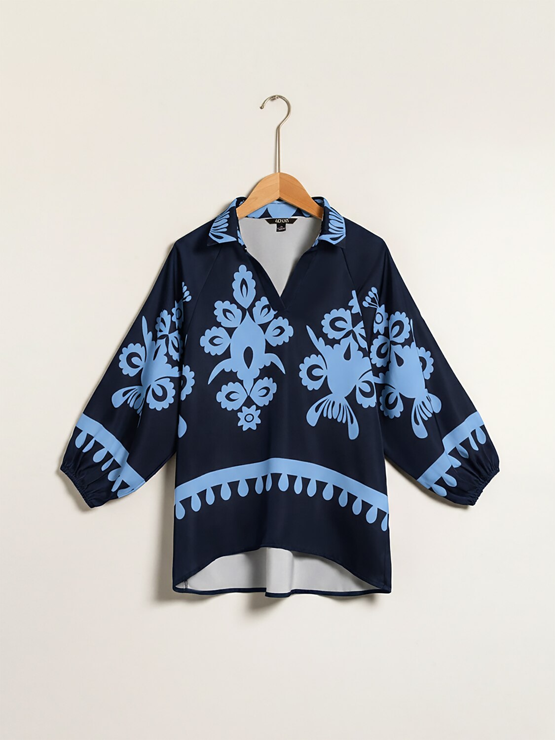 Blue Floral Print Shirt Collar Satin Blouse