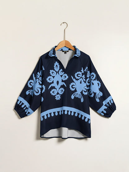 Blue Floral Print Shirt Collar Satin Blouse