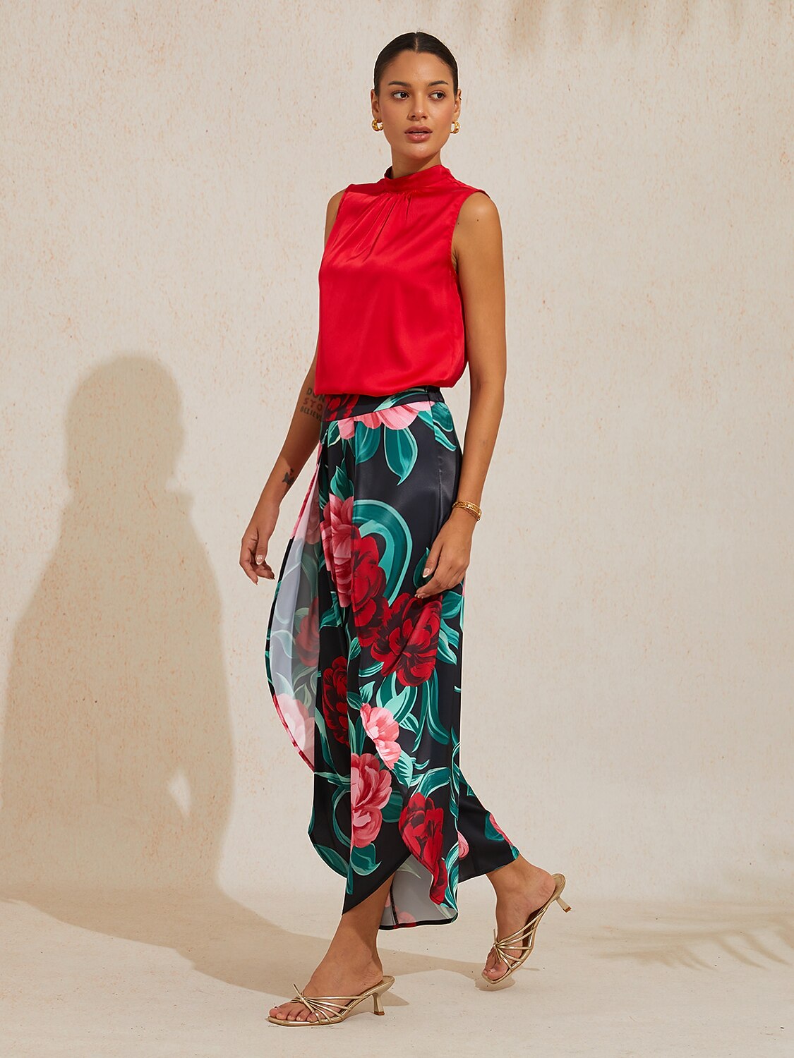 Emerald Rose Garden Silky Satin Sleeveless Top