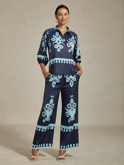 Blue Floral Print Shirt Collar Satin Blouse