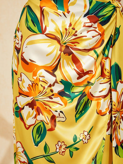 Lime Magnolia Glow Silky Satin Wrap Skirt