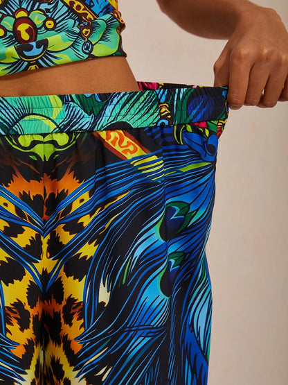 Jungle Wild Party Silky Satin Feather Pants