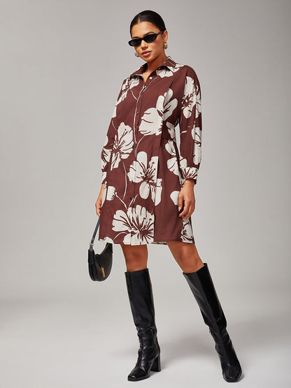 Floral Print Raglan Sleeve Shirt Dress