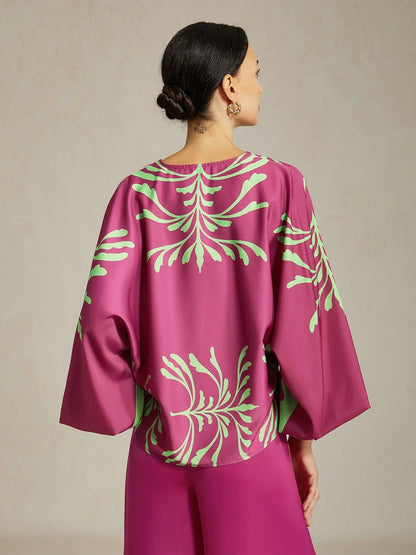 Vivid Fuchsia Print Satin Lantern Top