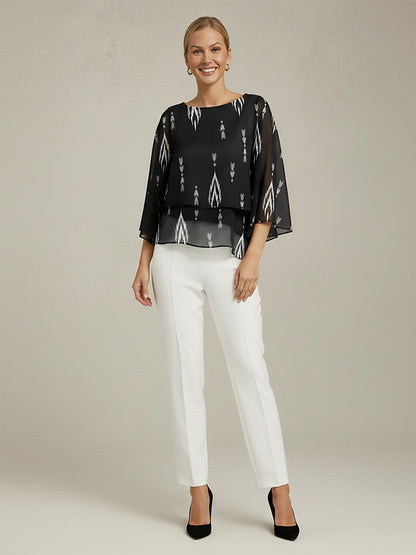 Women's Blouse Black Floral 3/4 Sleeve Loose Round Neck Casual Elegant Vacation Spring Summer Fall