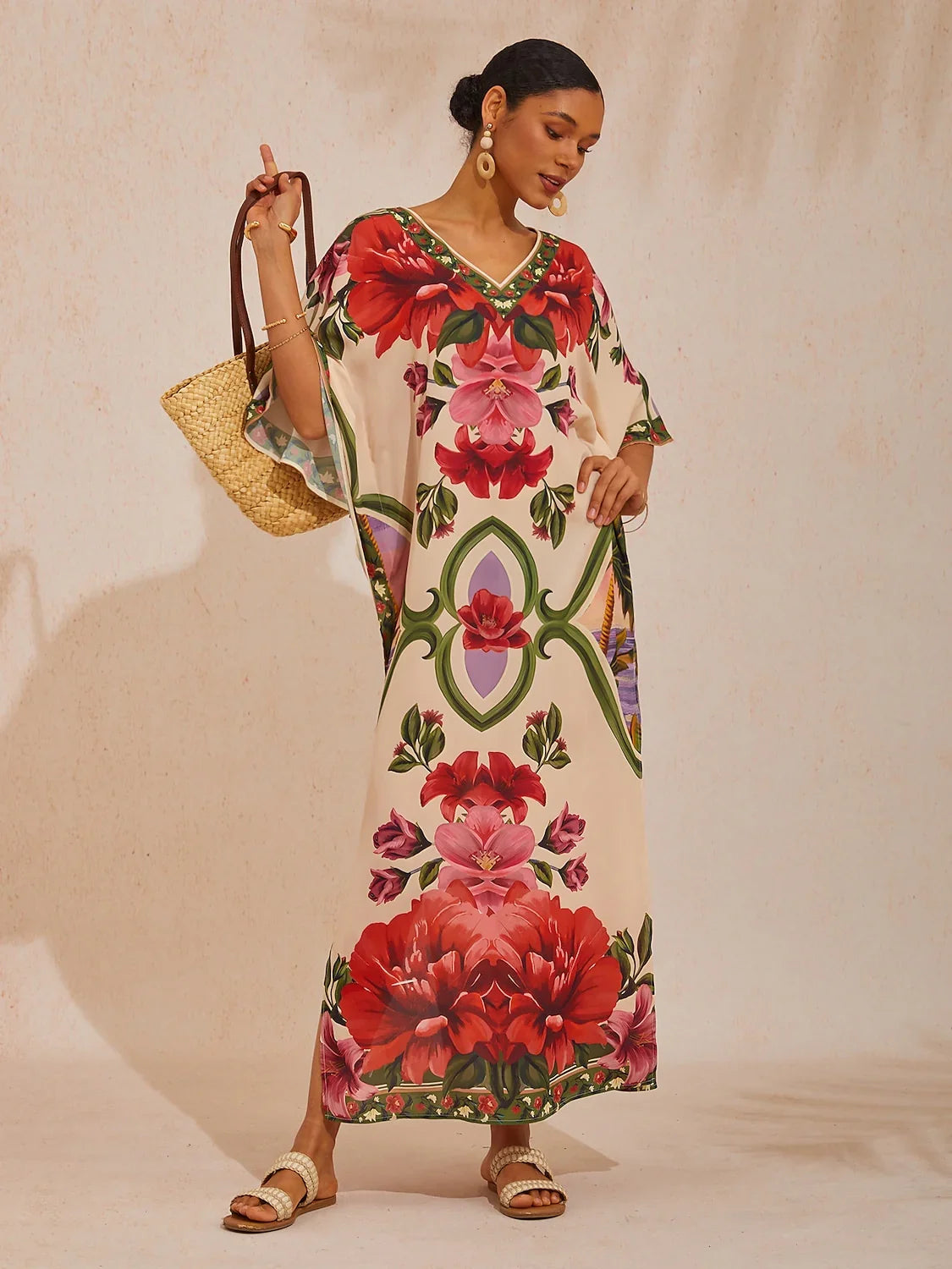Hawaii Palm Flowy Chiffon Floral Maxi Dress