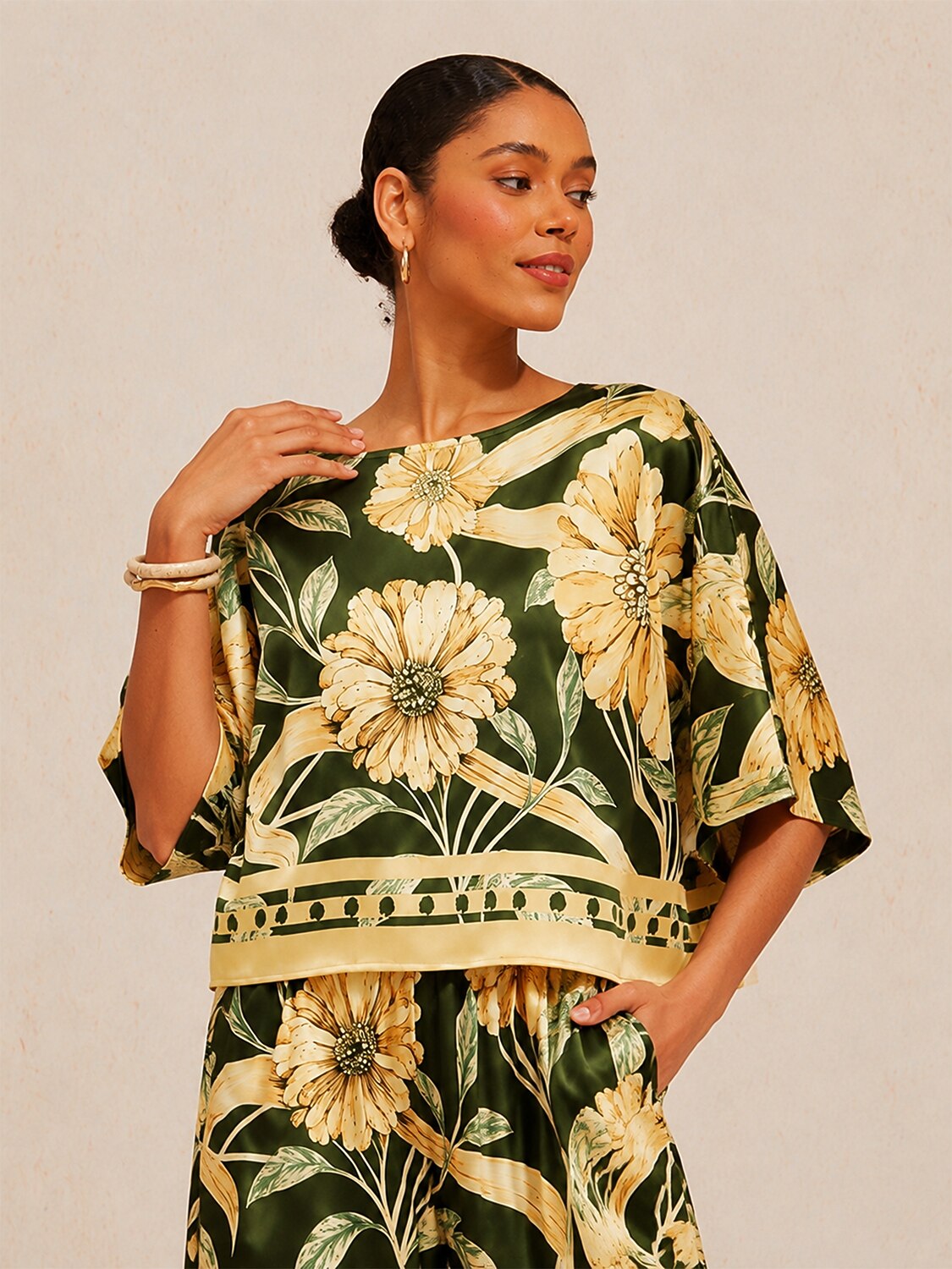 Cream Yellow  Petal  Satin Dolman Sleeve Top