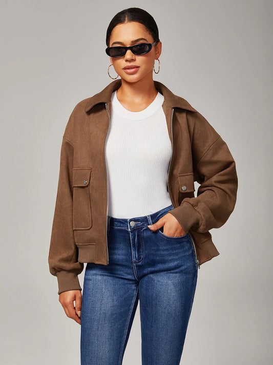 Brown Faux Suede Lapel Collar Zip Jacket