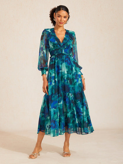 Ocean Bloom Reverie Flowy Chiffon Maxi Dress