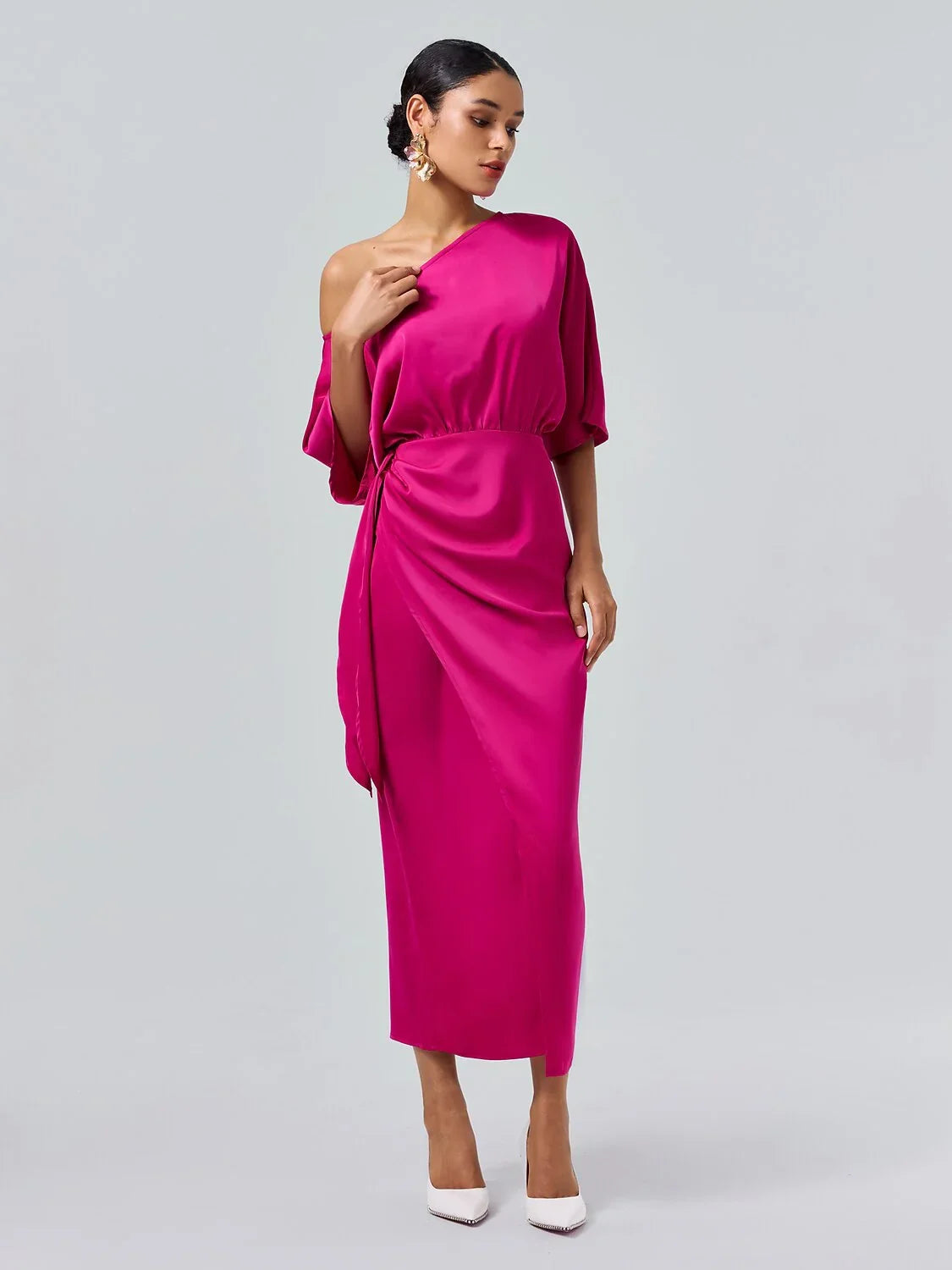 Satin Knotted Wrap Drop Shoulder Maxi Dress