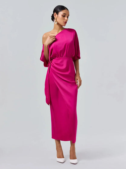 Satin Knotted Wrap Drop Shoulder Maxi Dress