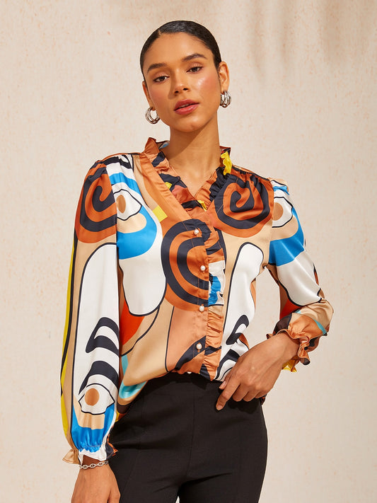 Abstract Art Silky Satin Ruffle Trim Blouse