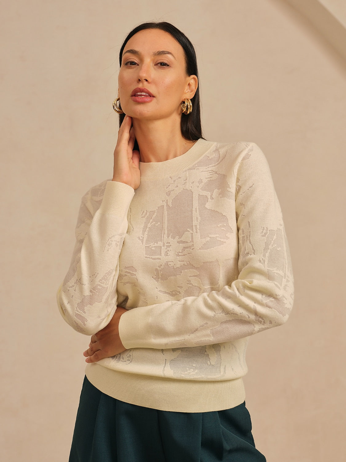 Organza Wollstrick Pullover mit Blumenmuster Rundhalsausschnitt Freizeit Urlaub