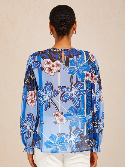 Azure Bloom Flowy Chiffon Blouse