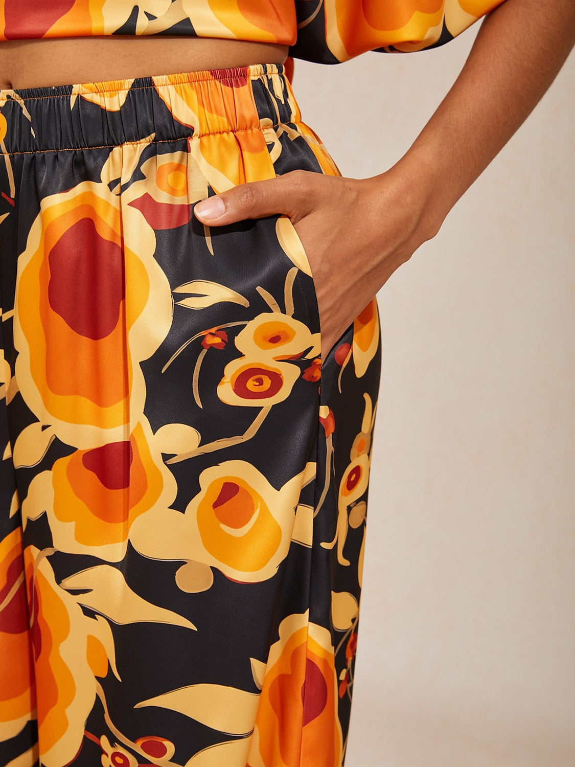Sun Ember Silky Satin Wide Leg Pants