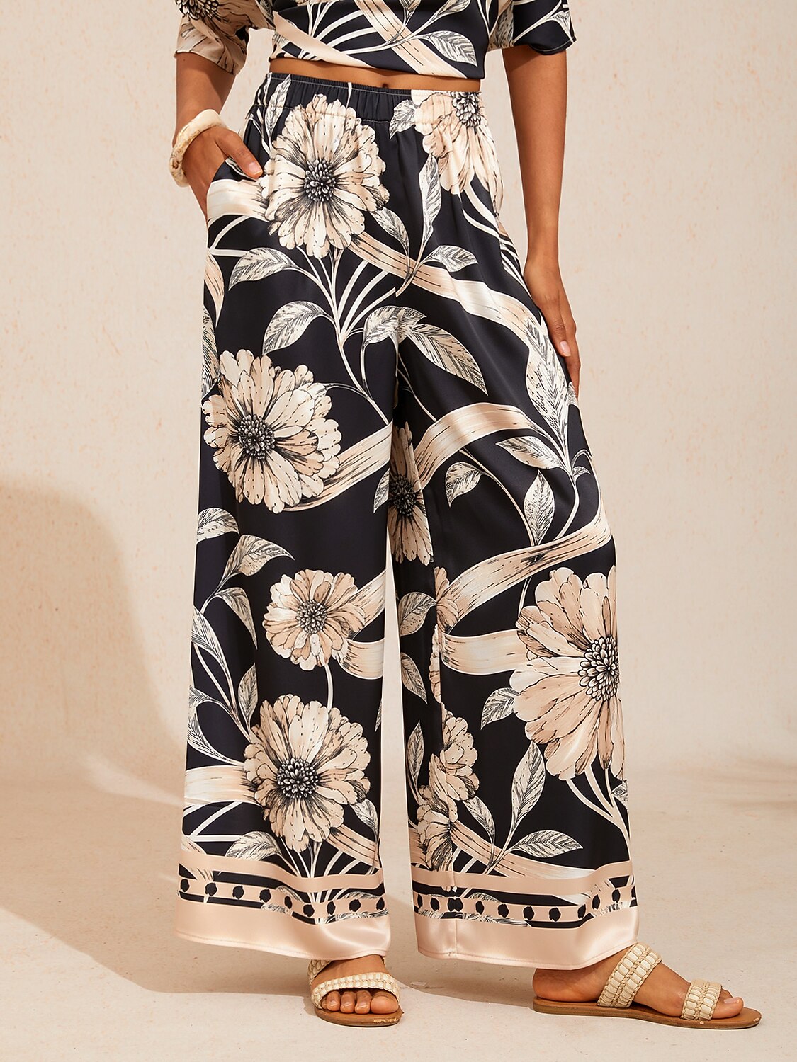 Golden Petal Silky Satin Wide Leg Pants
