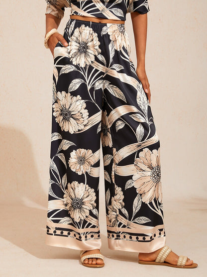 Golden Petal Silky Satin Wide Leg Pants