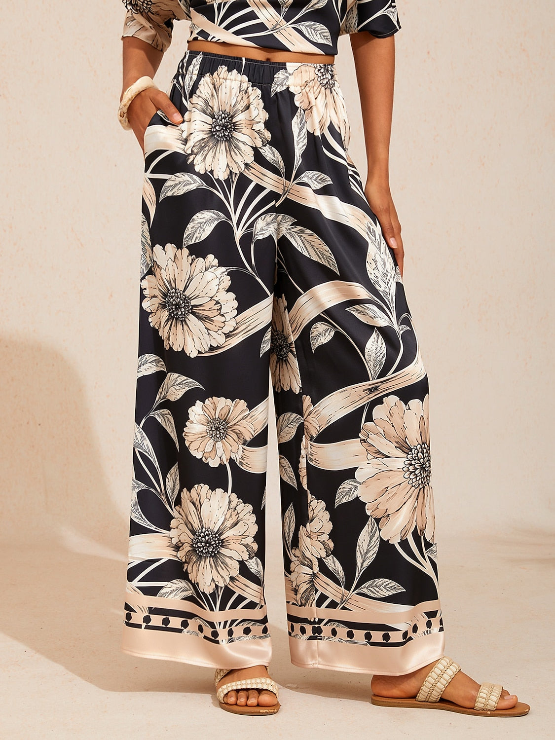 Golden Petal Silky Satin Wide Leg Pants