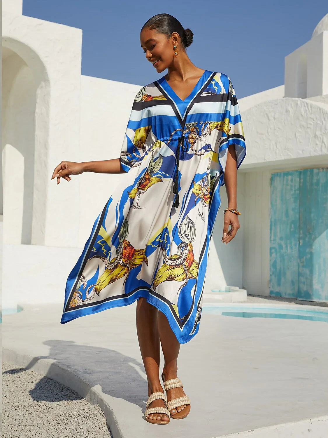 Ocean Blue Orchid Silky Satin Kaftan