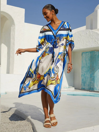Ocean Blue Orchid Silky Satin Kaftan