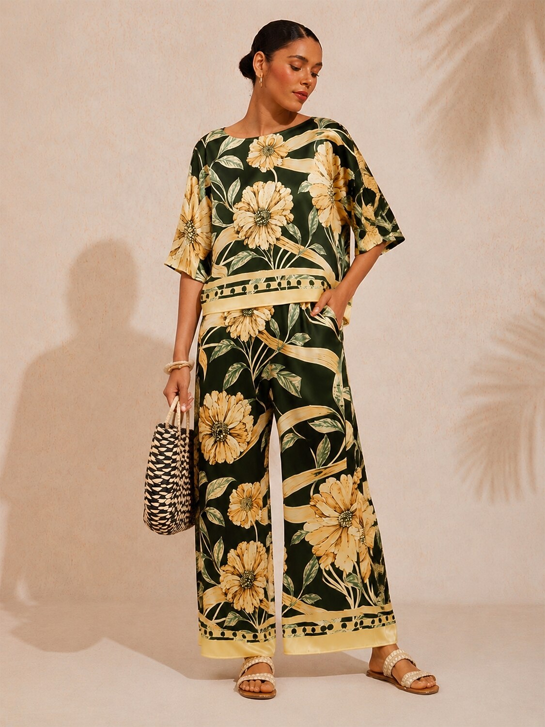Cream Yellow Petal Silky Satin Wide Leg Pants