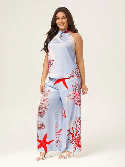 Satin Ocean-Inspired Pattern Print Vacation-Style Set