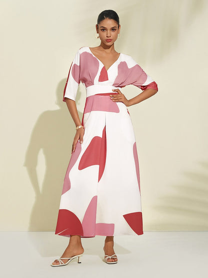 Satin Artistic Floral Print Pocket Maxi Dress
