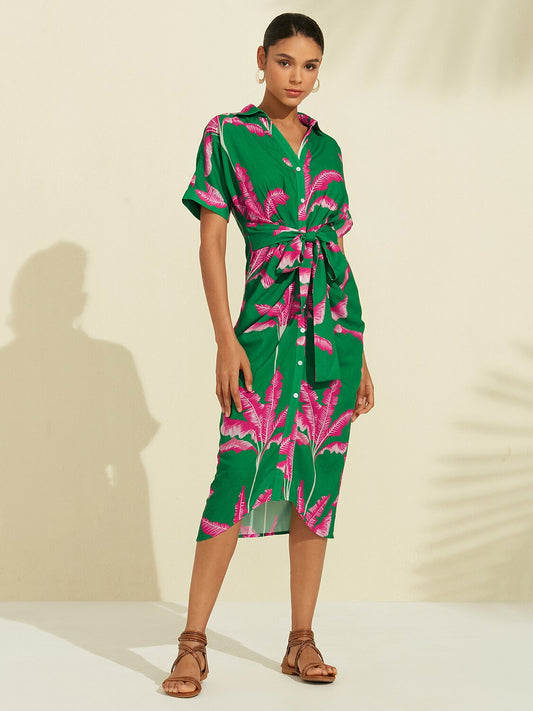 Tropical Print Shirred Midi Dress