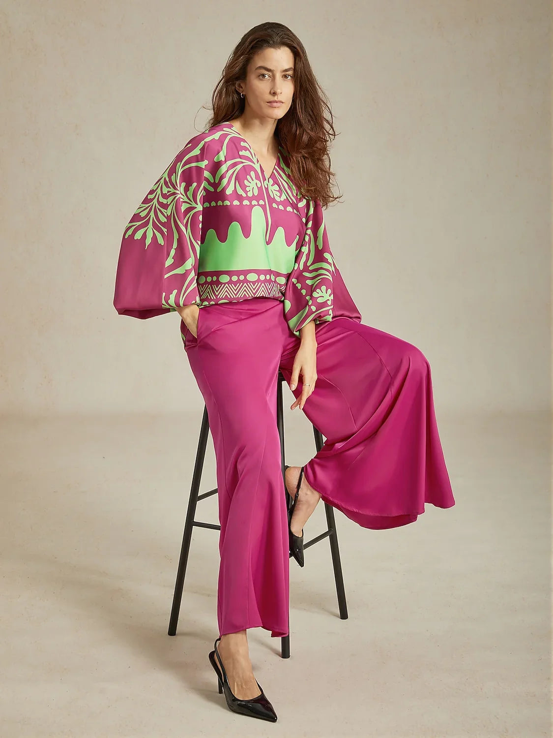 Vivid Fuchsia Print Satin Lantern Top
