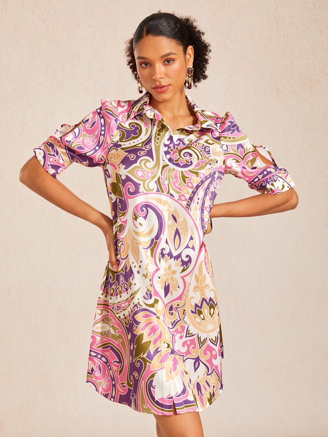 Lavender Paisley Flora Silky Satin Shirt Dress