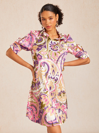 Mint Paisley Flora Silky Satin Shirt Dress