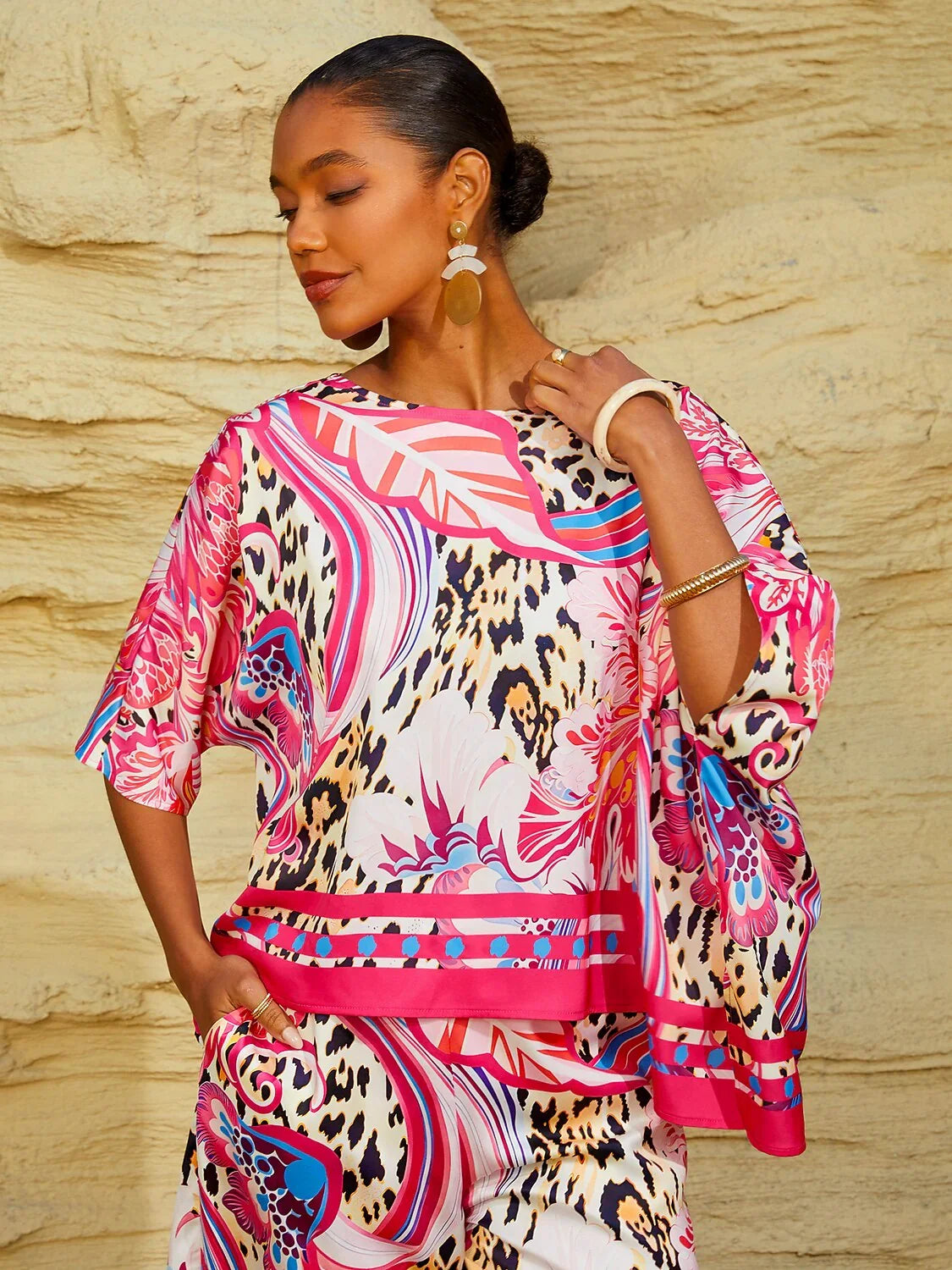 Summer Night Palm Silky Satin Dolman Sleeve Top