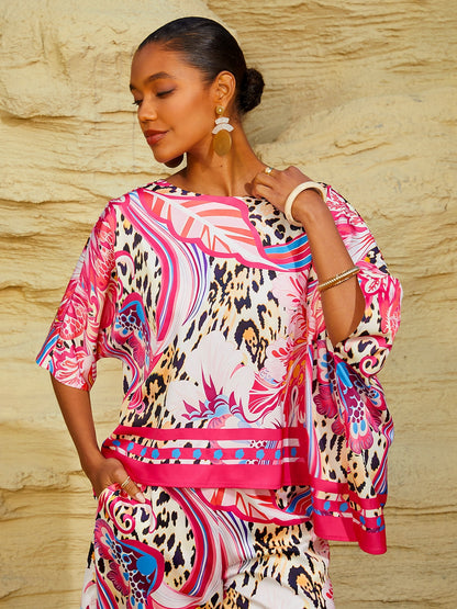 Blush&Beast Silky Satin Pink Paisley Batwing Top
